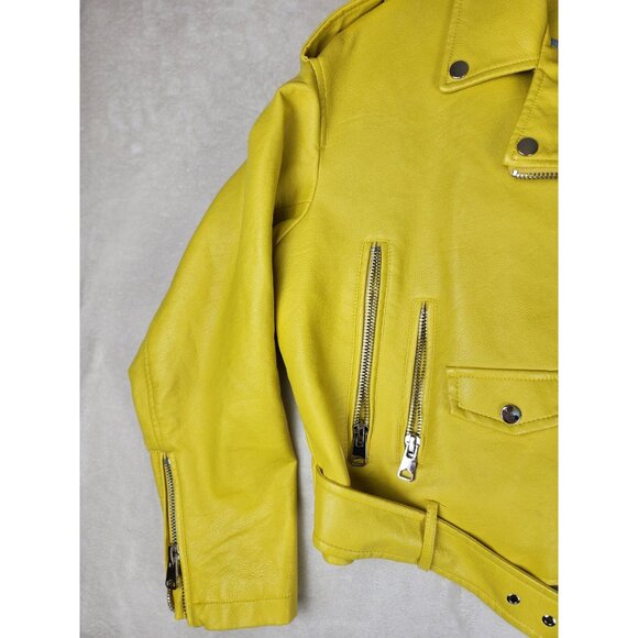 Zara Basic Women's Large Faux Leather Jacket Mustard Yellow Biker - Picture 3 of 13